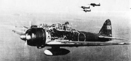 Самолет Хироёси Нисидзавы Mitsubishi A6M3 Model 22(бортовой номер 105) в полете над Соломоновыми островами, 1943 год.